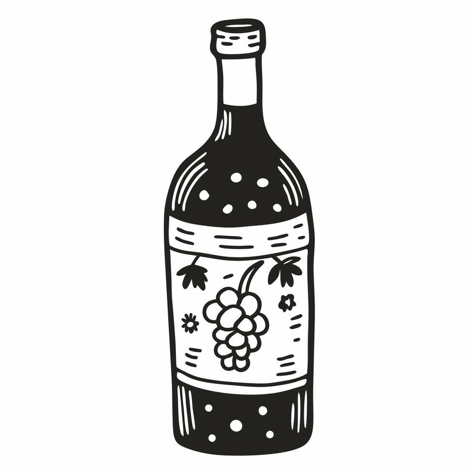 Hand Drawn Wine Bottle with Grape Design and Floral Accents vector