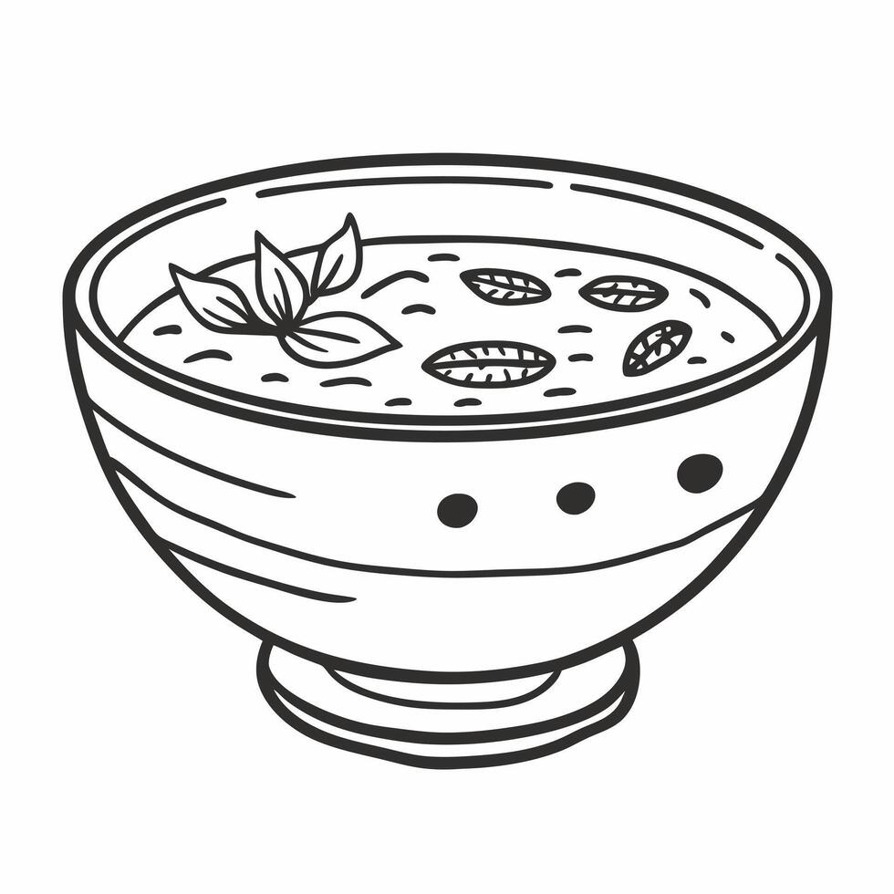 Hand Drawn Bowl of Soup with Basil Leaves in a Simple Line Art Style vector