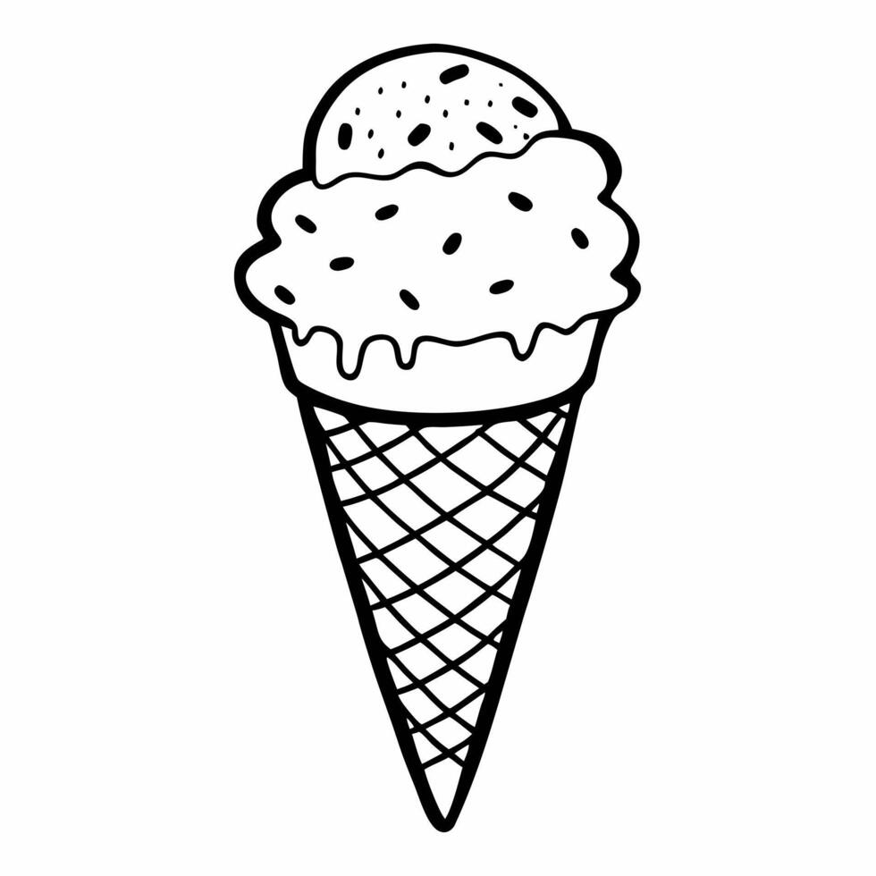 Hand Drawn Ice Cream Cone Illustration with Sprinkles Minimalist Black Outline Art vector
