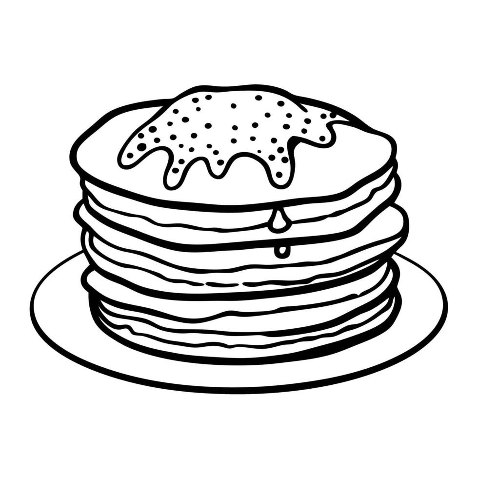 Stack of Pancakes with Syrup Drizzle Black and White Line Art Illustration vector