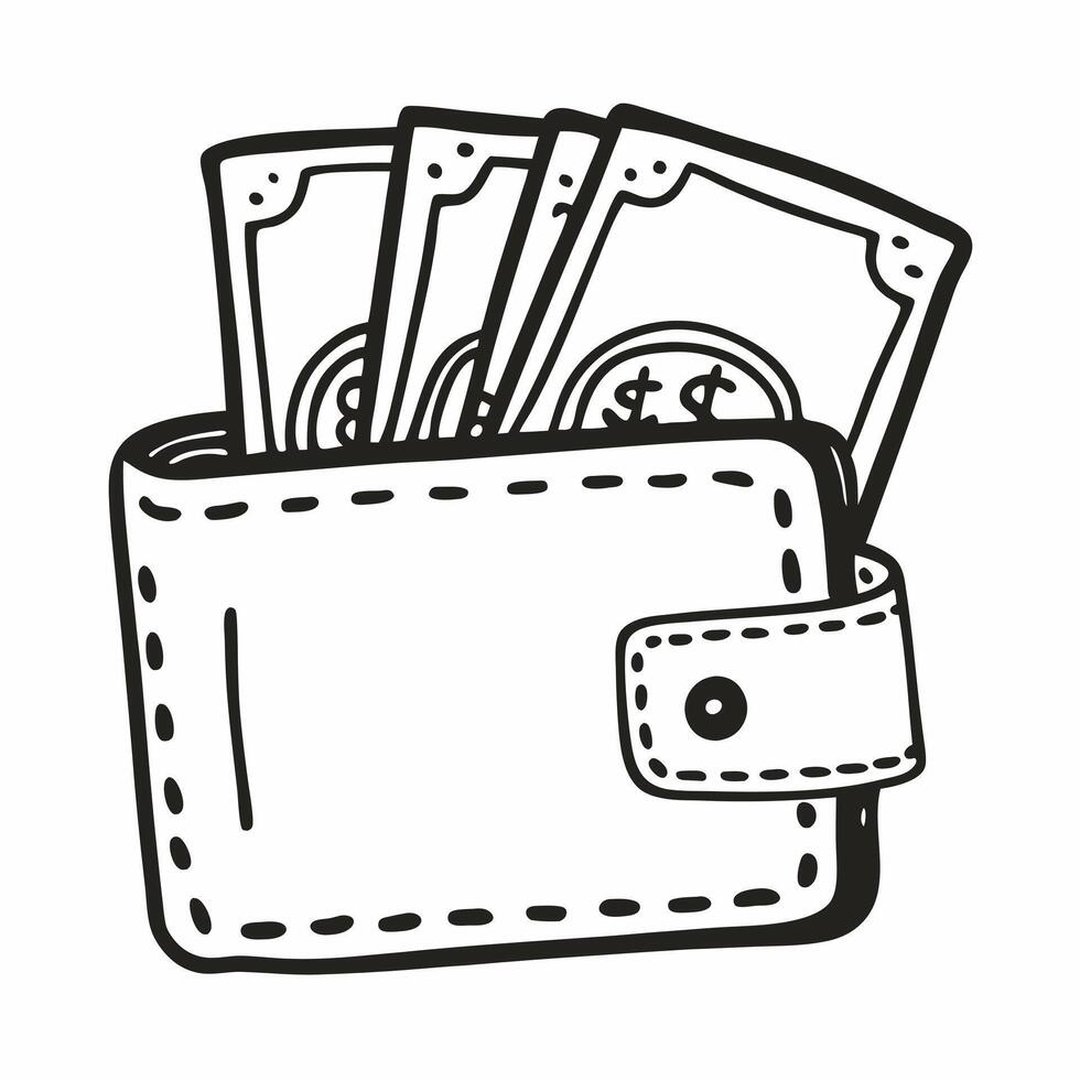 Hand Drawn Wallet with Cash Minimalist Doodle Illustration for Finance Concepts vector