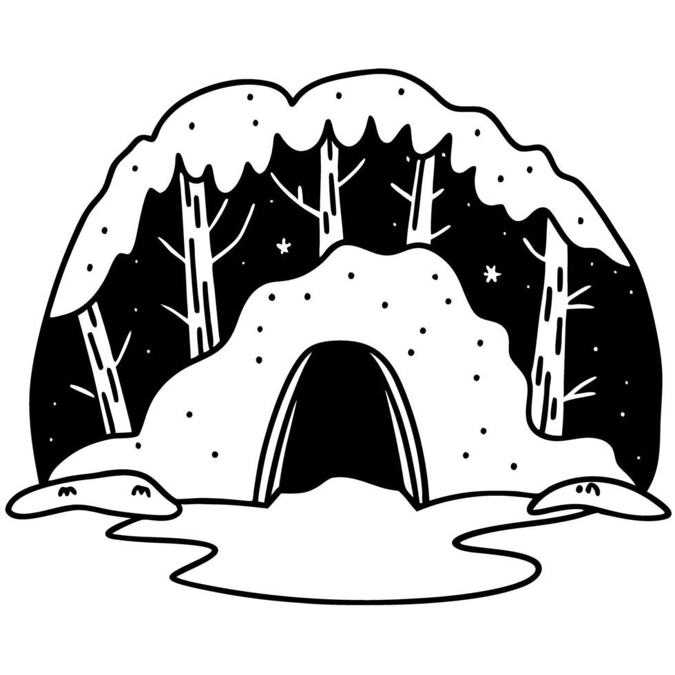 snow covered cave entrance in winter forest simple black and white illustration of snowy landscape, icy path, and surrounding trees vector