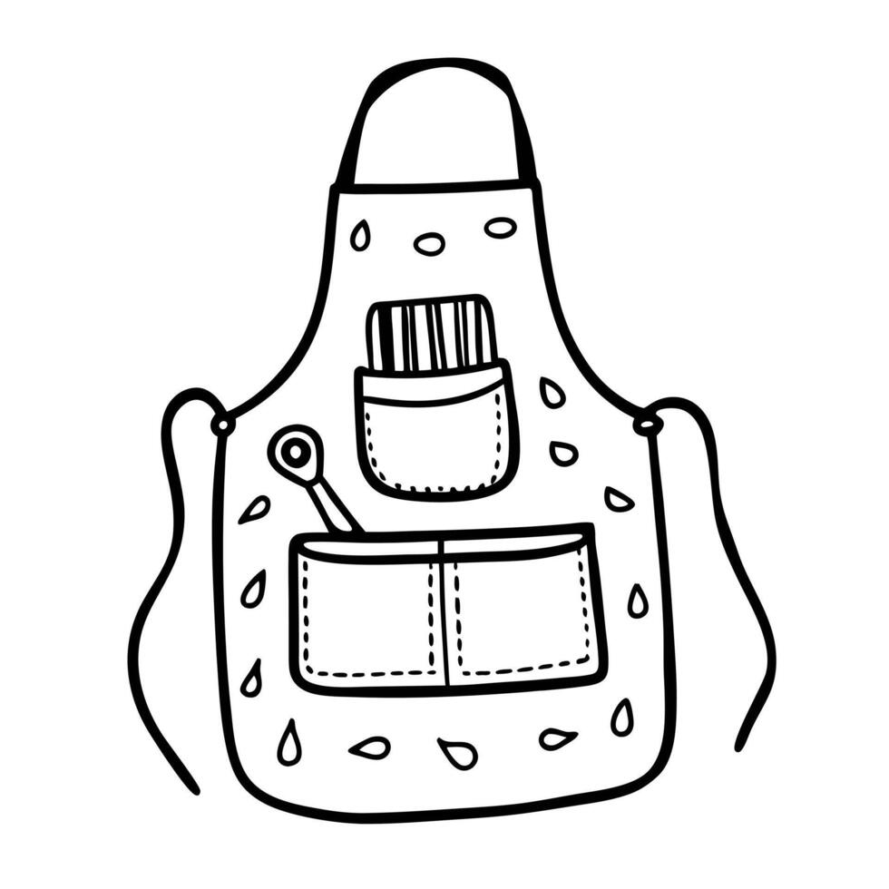 Black and White Doodle Kitchen Apron with Cooking Utensil and Leaf Pattern Design vector