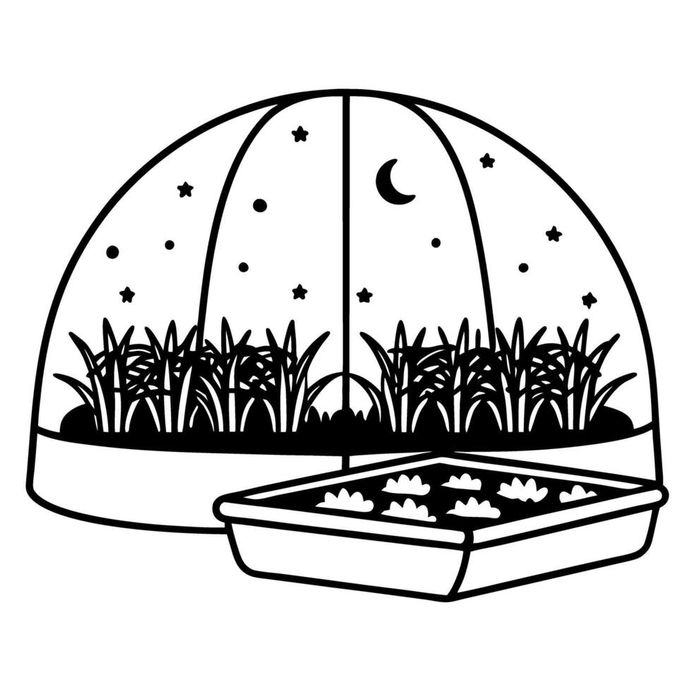 Nighttime botanical dome and seedlings under stars and moon, eco friendly agriculture concept vector