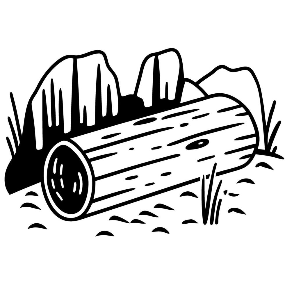 Log and rocks nature illustration with wood, rugged terrain, minimal forest and wilderness theme vector