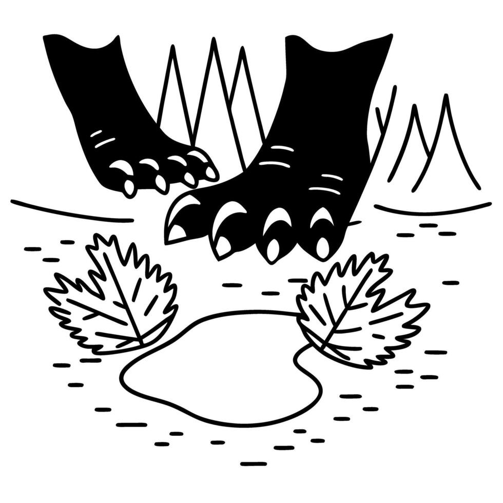 bear tracks and forest elements animal footprints, nature scene with leaves and mountains, wilderness symbol vector