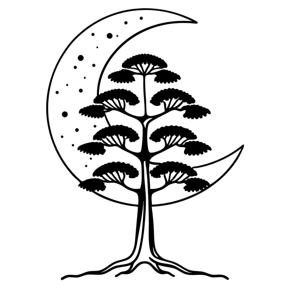 stylized tree silhouette with crescent moon and stars mystical nature, celestial illustration in black and white vector