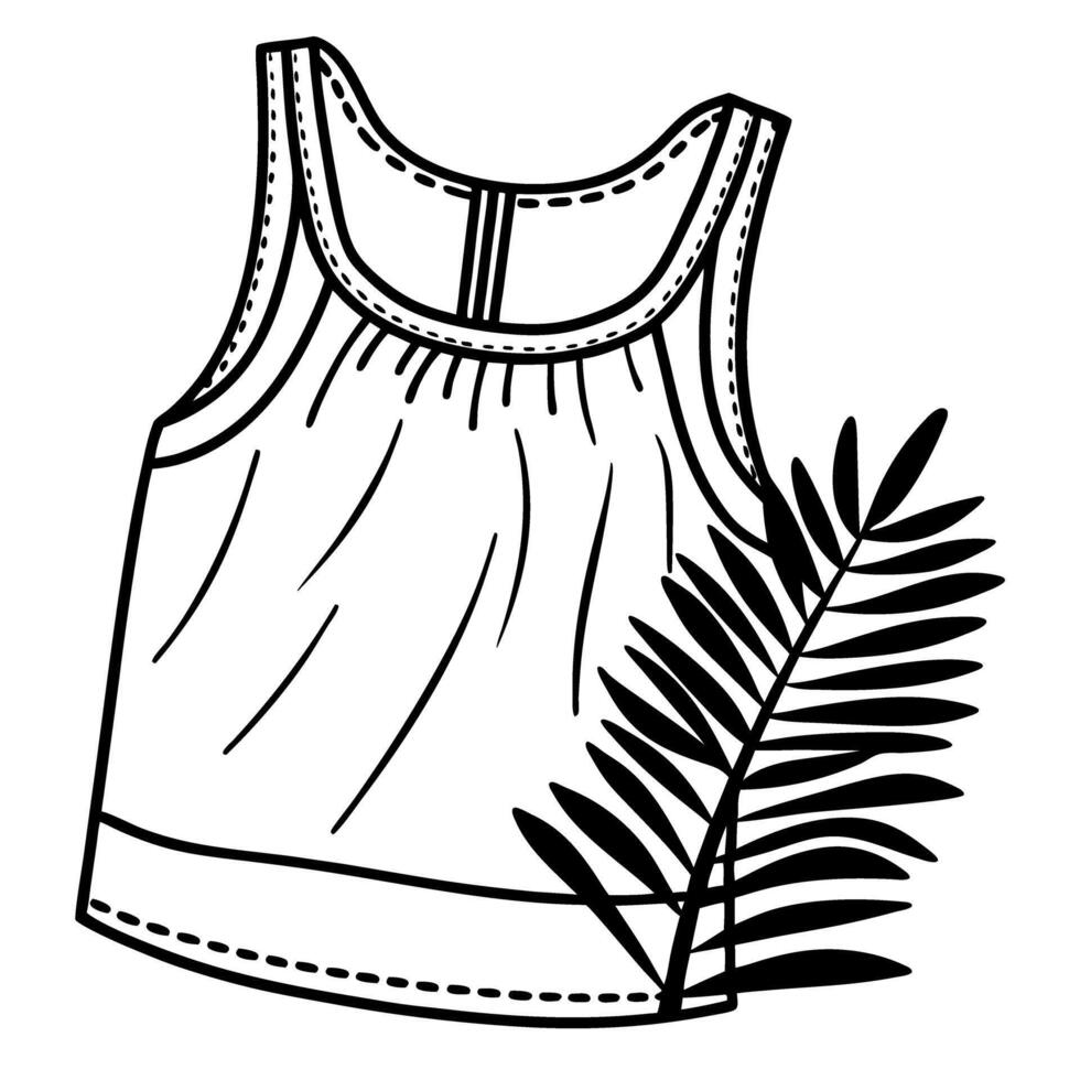 Line art of sleeveless top with leaf design, black and white fashion illustration vector