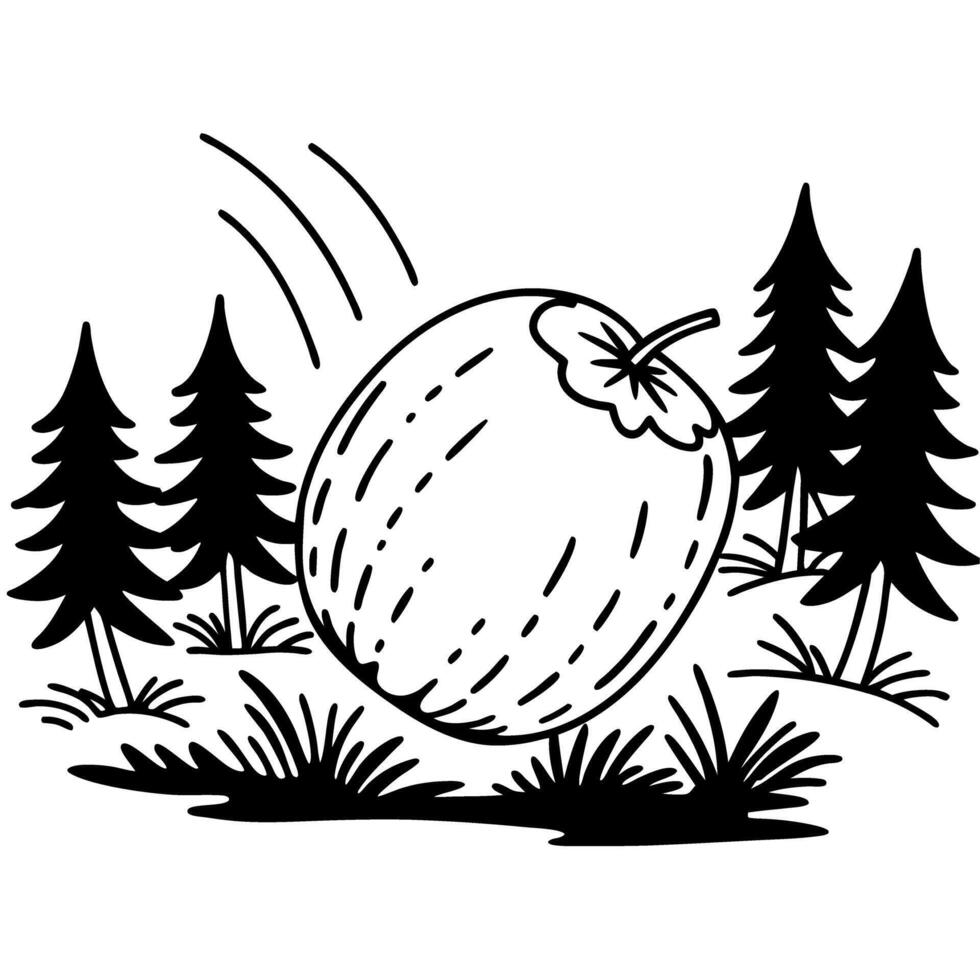 apple falling from tree in forest black and white illustration of nature, wild plants, and autumn harvest vector