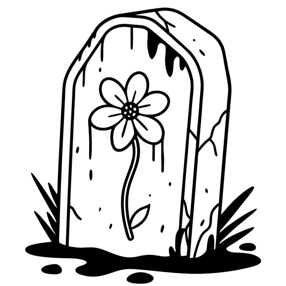 old tombstone with flower engraving, black and white illustration, symbol of remembrance and mortality vector