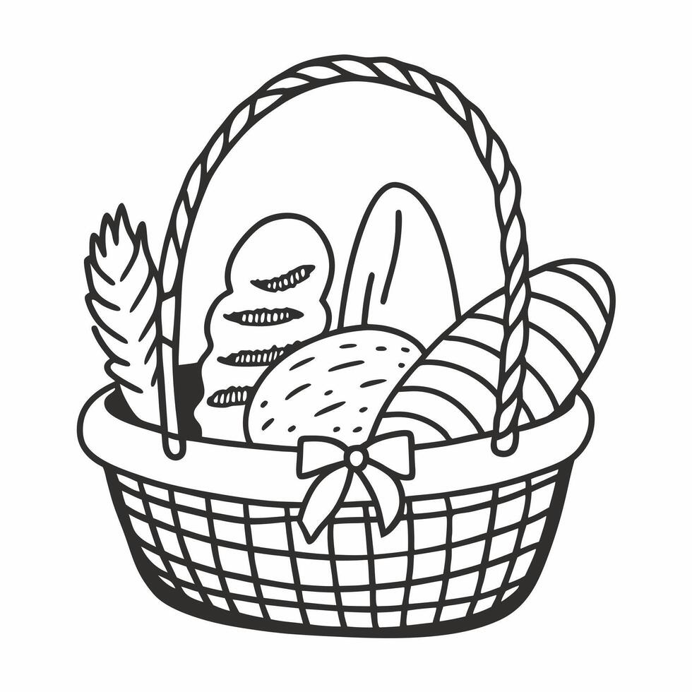 Hand Drawn Bread Basket Illustration with Assorted Baked Goods in Black and White vector