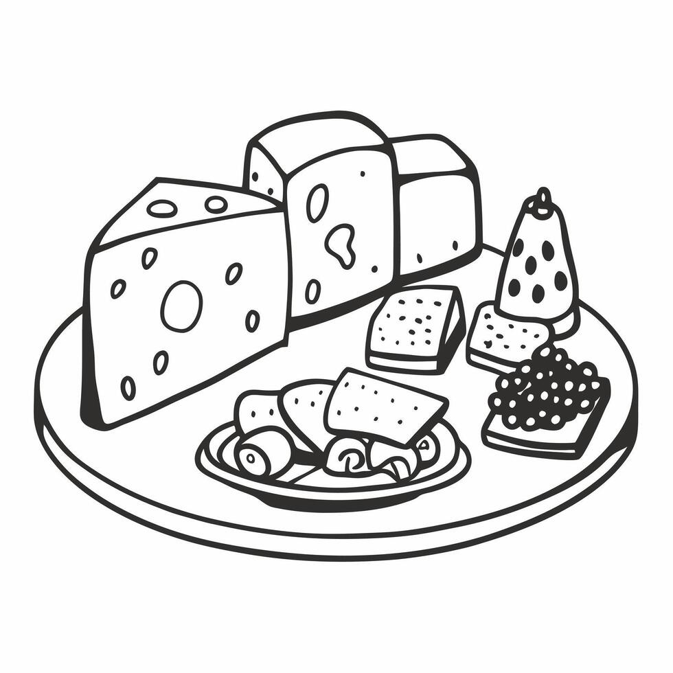 Black and White Charcuterie Board with Cheese and Snacks vector