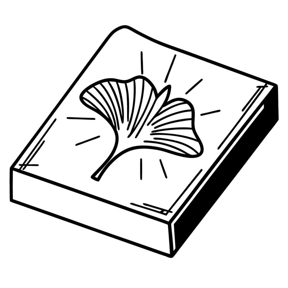 Ginkgo leaf on wooden block minimalist line art illustration vector