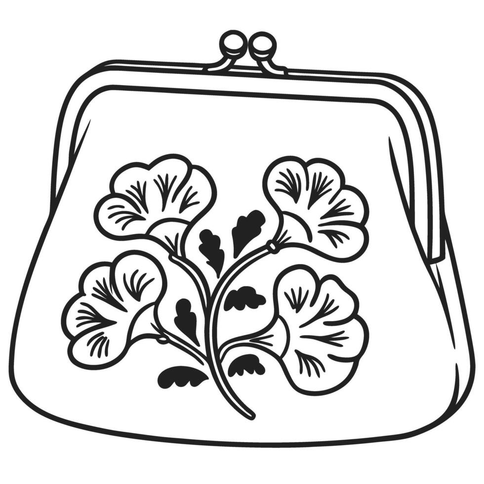 Vintage floral clasp purse line art illustration with floral design vector