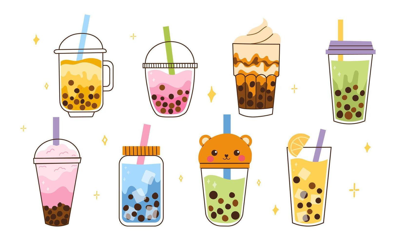 Big Set of Bubble Milk Tea Illustration. Delicious Tapioca Pearl Drinks Beverages. Hand drawn colored trendy Isolated . vector