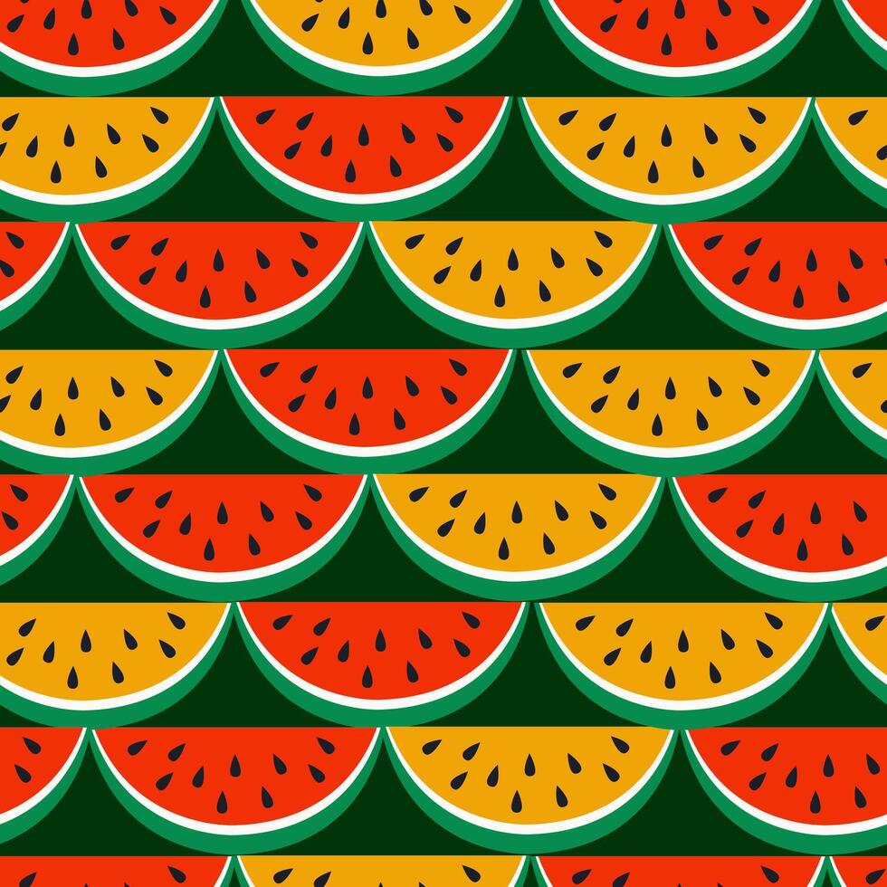Seamless watermelon slice pattern, bright red and yellow on a dark green background, summer fruit design, texture for textiles and print vector