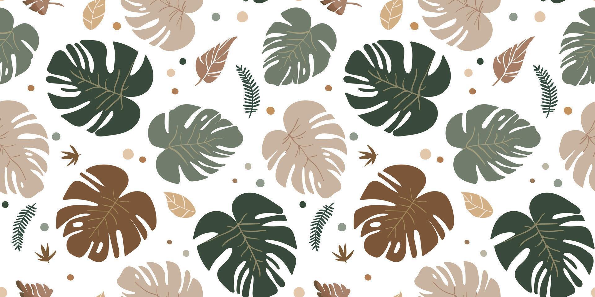 Seamless boho style monstera leaf pattern, natural pastel earthy colors on light background, bohemian style tropical leaf design, texture for textile and print vector