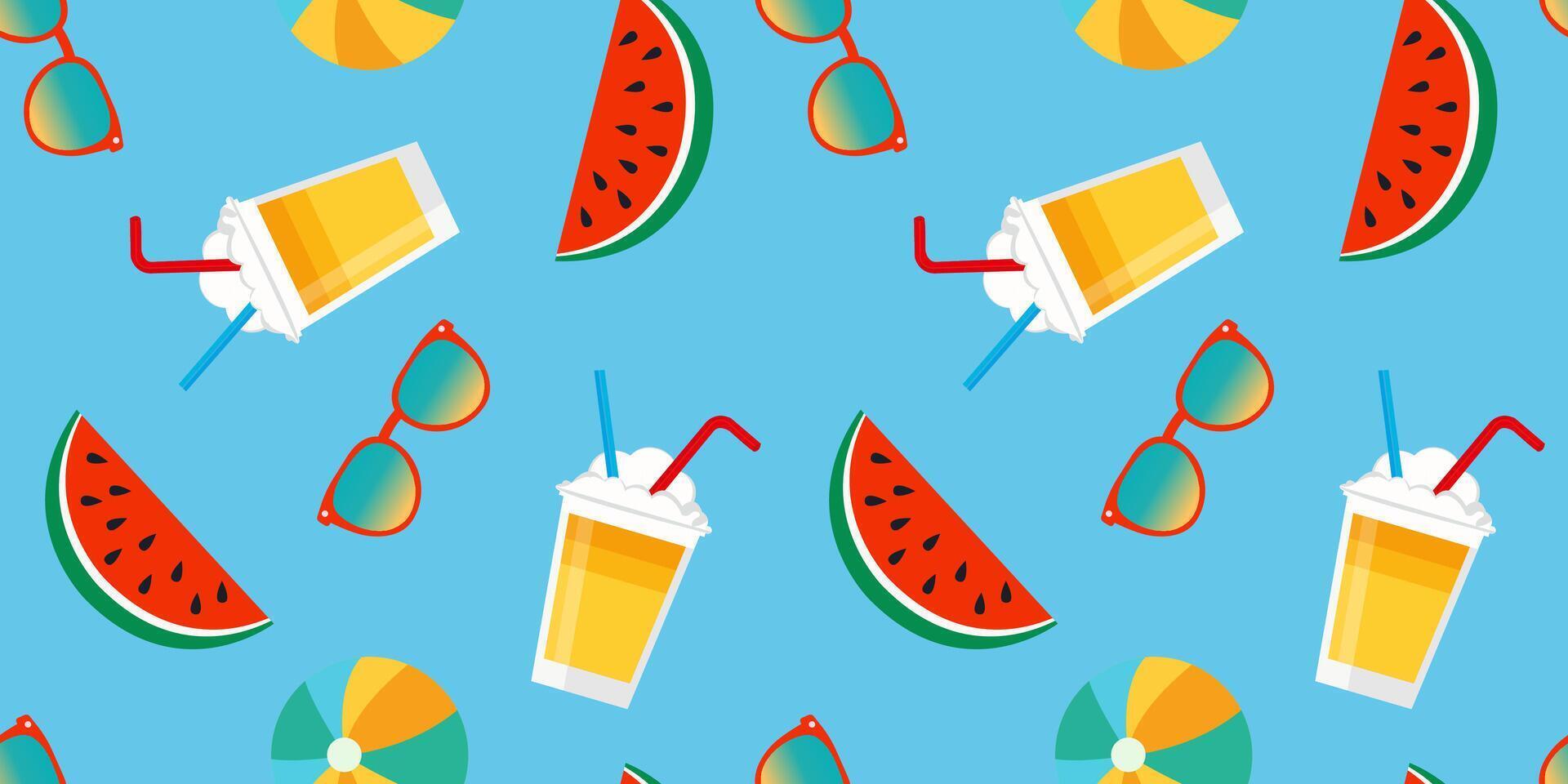Seamless summer pattern with watermelon slices, cocktail drinks and sunglasses, light blue background, fun tropical design, texture for textiles and print vector