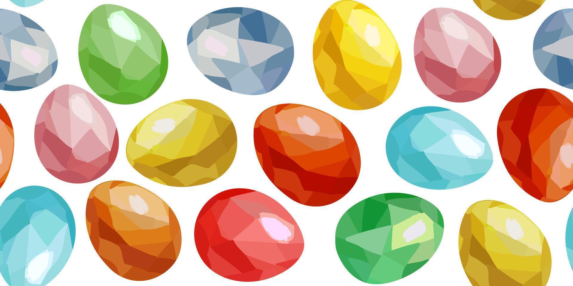 Seamless Easter eggs pattern with faceted gemstone texture, bright colors, Spring holiday design, Festive holiday background, Modern graphic art, colored gouache Easter eggs vector