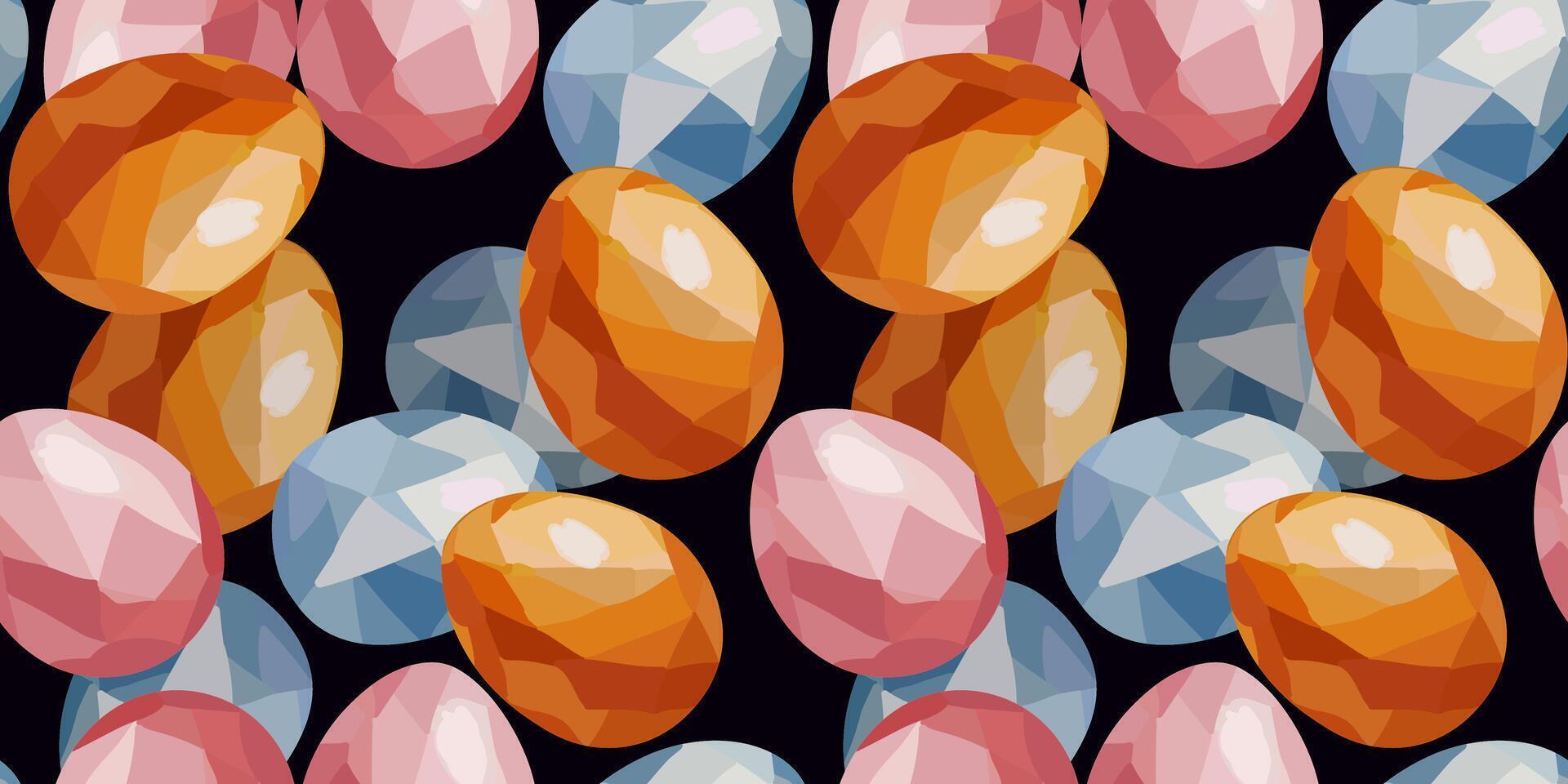 Seamless Easter egg pattern with gouache gemstone texture, bright colors on dark background, elegant spring holiday design, modern art for web decoration cards vector