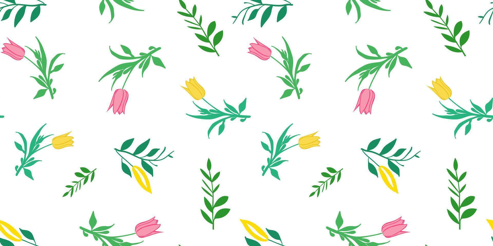Seamless tulips and branches pattern, minimalistic spring floral design, white background, texture for textiles and print vector