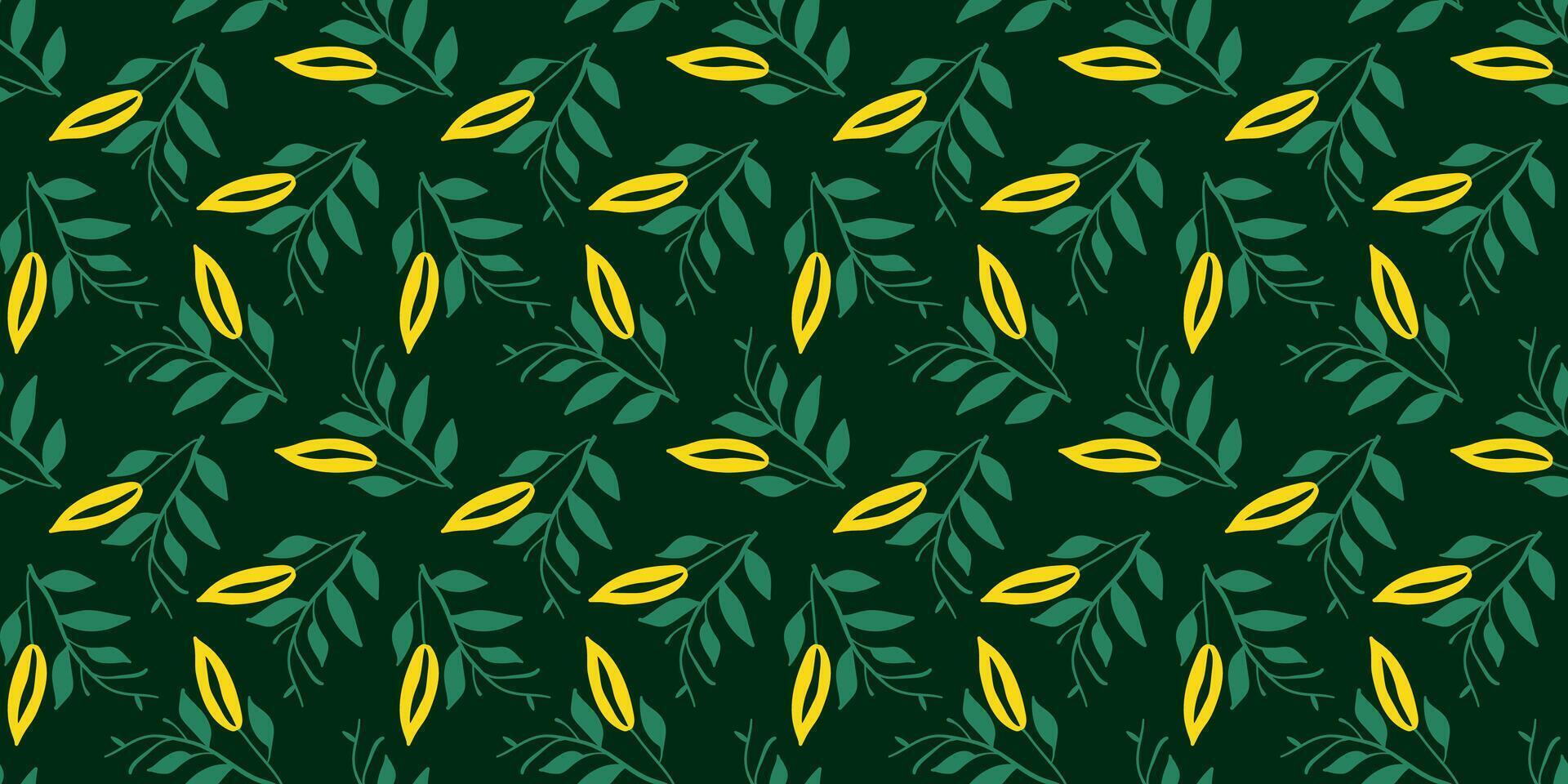 Seamless abstract floral pattern with green leaves and yellow petals on a dark background Elegant botanical design for fabric, wallpaper and modern prints vector