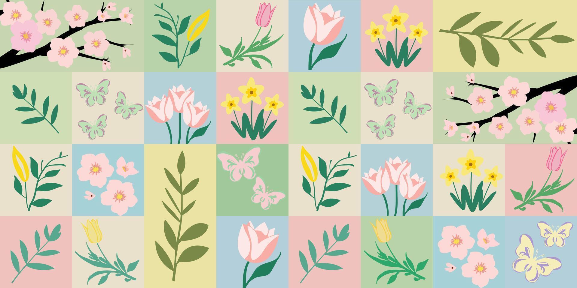 Seamless spring flowers pattern, pastel delicate colors, floral botanical design, cherry blossoms, tulips, daffodils, butterflies and branches for web background design vector