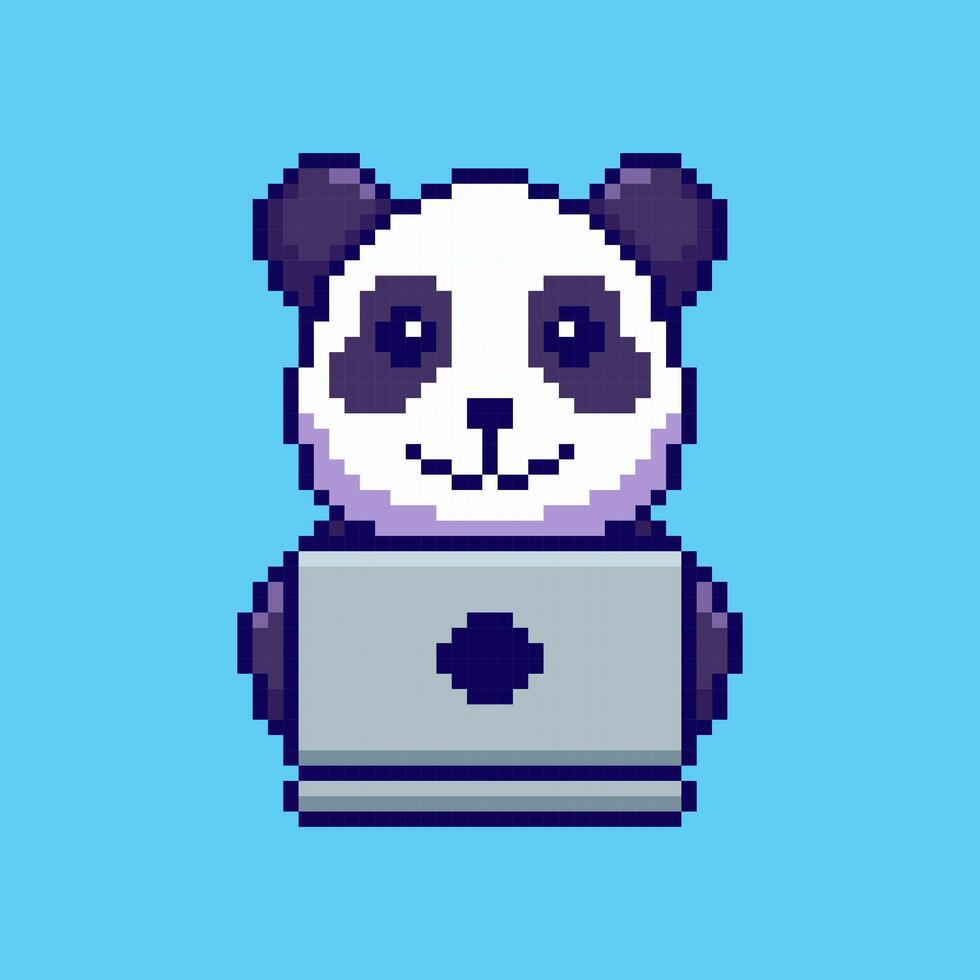 Pixel art Panda Working on Laptop game asset design vector