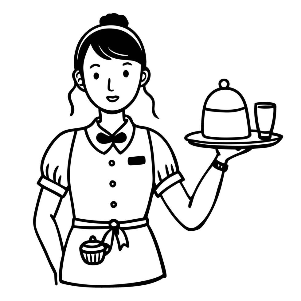 Waitress Holding Tray with Cloche and Drink in Black and White Line Art Illustration vector