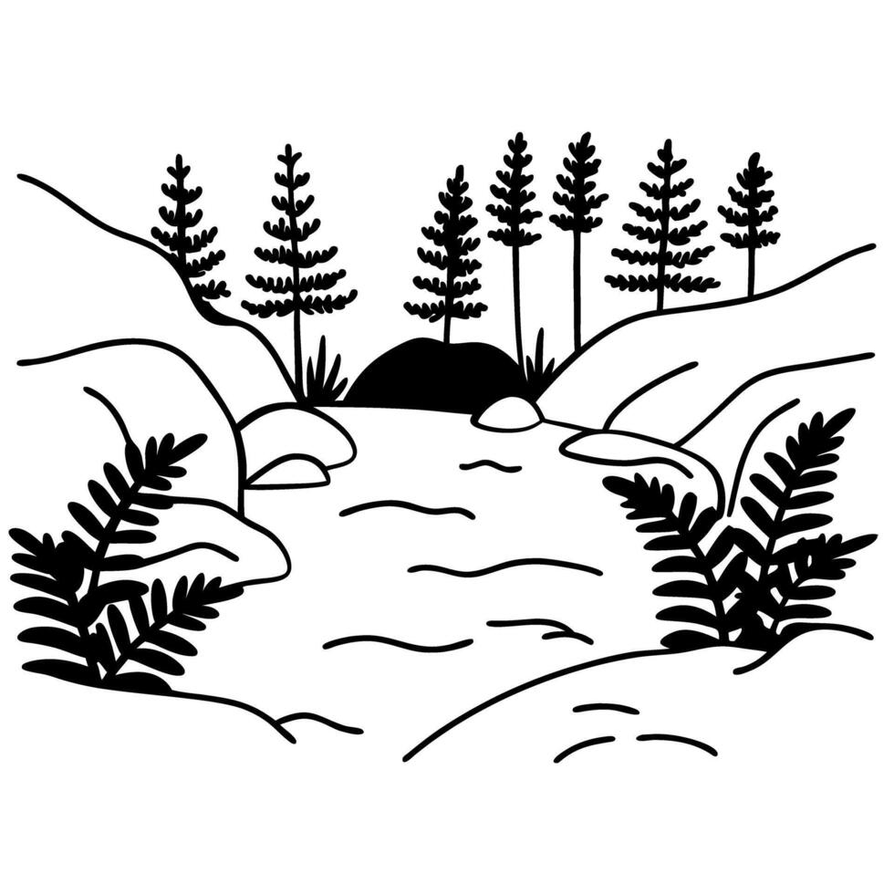 Serene nature landscape with lake, rocky hills, tall pine trees, and flourishing ferns in monochrome vector
