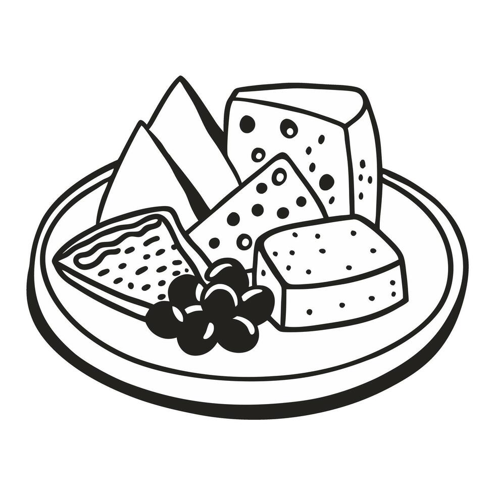 Assorted Cheese Platter with Grapes on a Plate Monochrome Illustration vector
