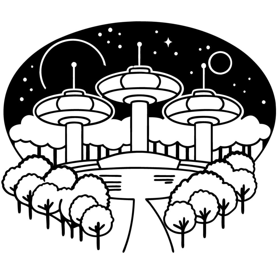 Futuristic cityscape illustration with space themed background and modern architecture vector