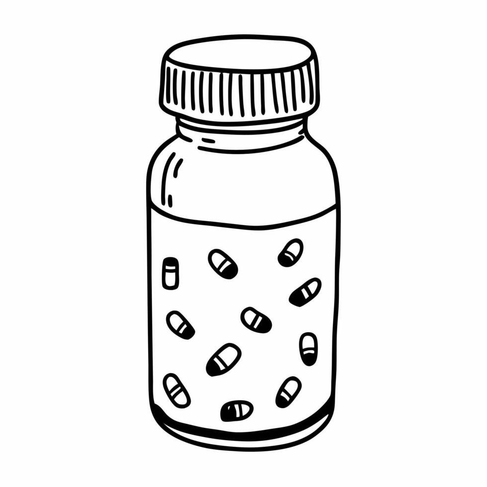 Hand Drawn Illustration of a Medicine Bottle with Capsules Inside vector