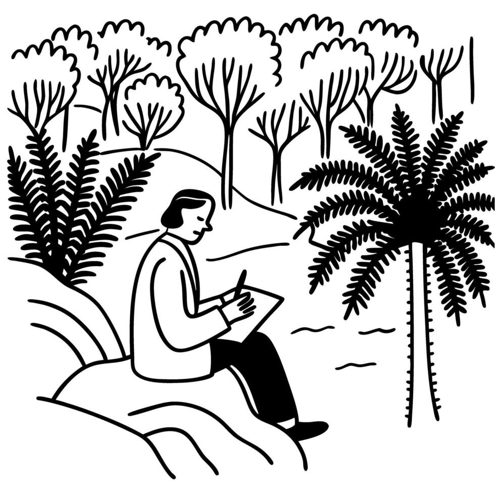 Person sketching in nature calm natural landscape, trees and plants artistic expression in peaceful outdoor setting vector