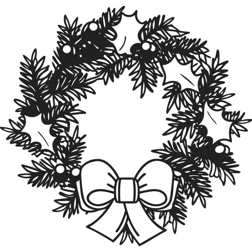 Festive holiday wreath with bows, pine branches, and berries in hand drawn illustration design vector
