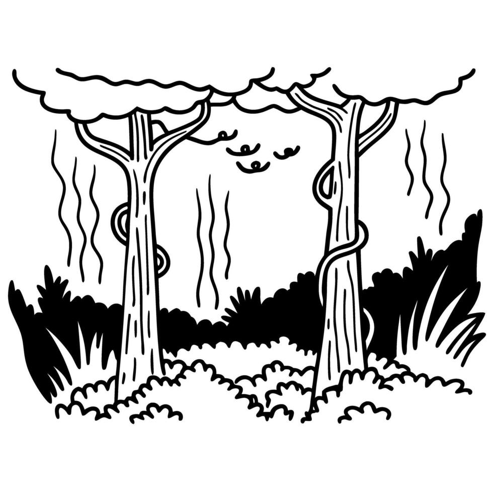 Nature illustration of two entwined trees with vines, simple black and white vector