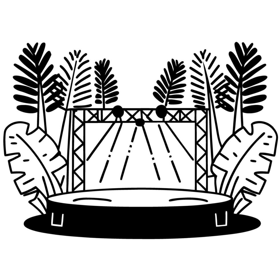 outdoor concert stage with lighting, surrounded by tropical leaves black and white illustration vector