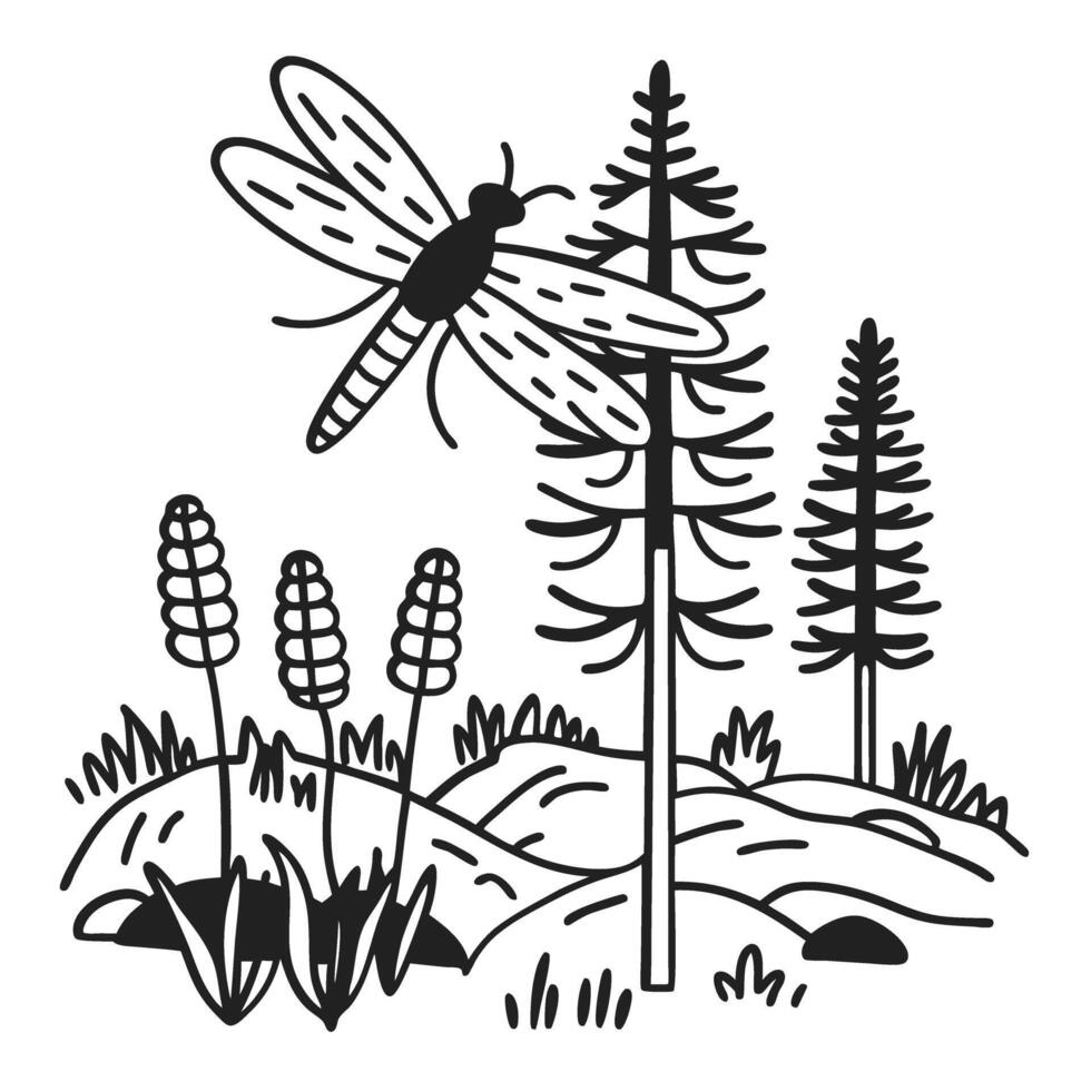 Monochrome dragonfly hovering over scenic forest landscape with tall trees and lush vegetation vector