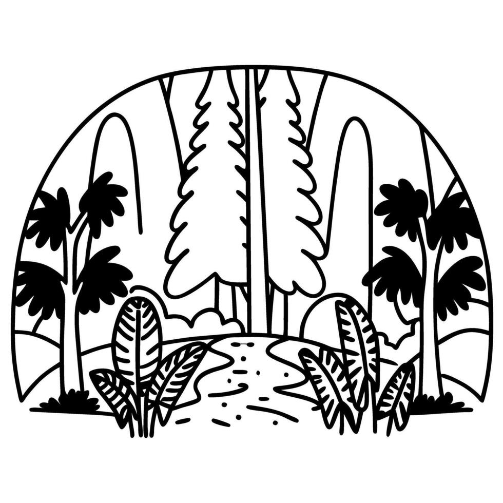 black and white forest illustration with trees, plants, and a winding path in nature setting vector