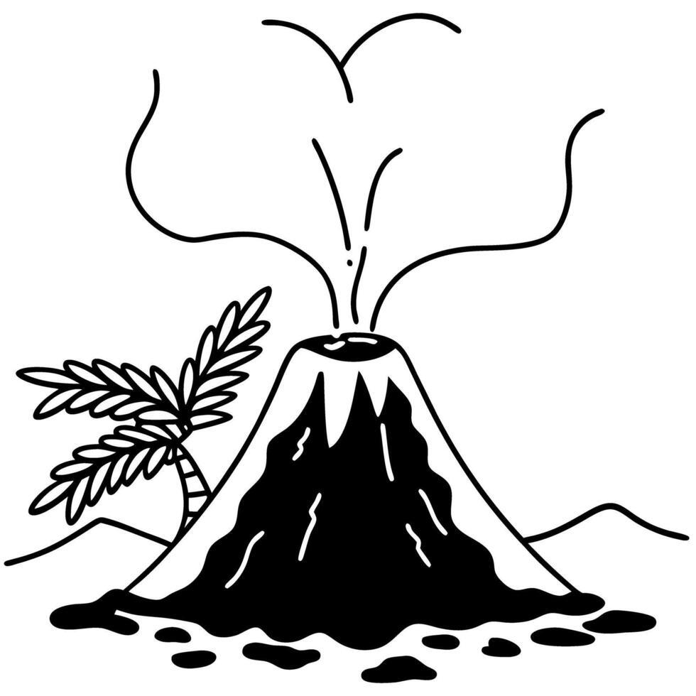 erupting volcano illustration with palm tree and smoke, black and white outline drawing vector
