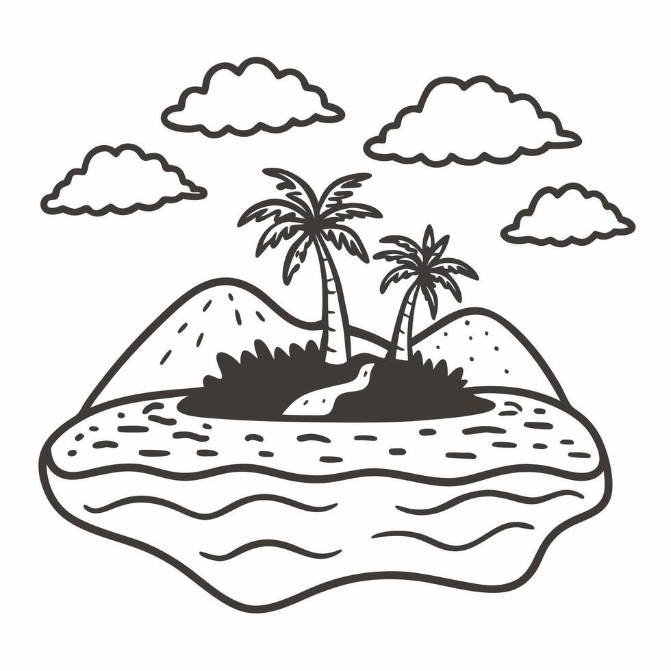Tropical Island Illustration with Palm Trees and Clouds vector