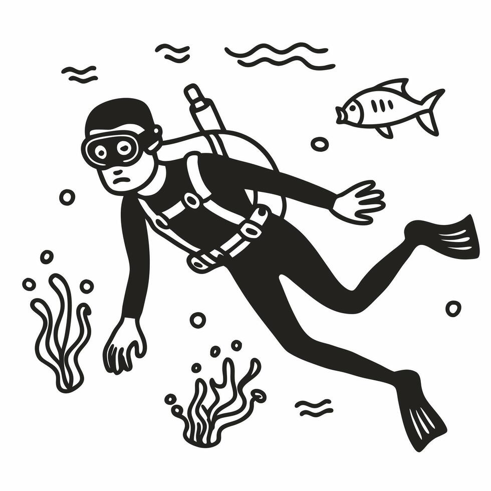 Monochrome Scuba Diver Exploring Underwater Scene with Fish and Coral vector