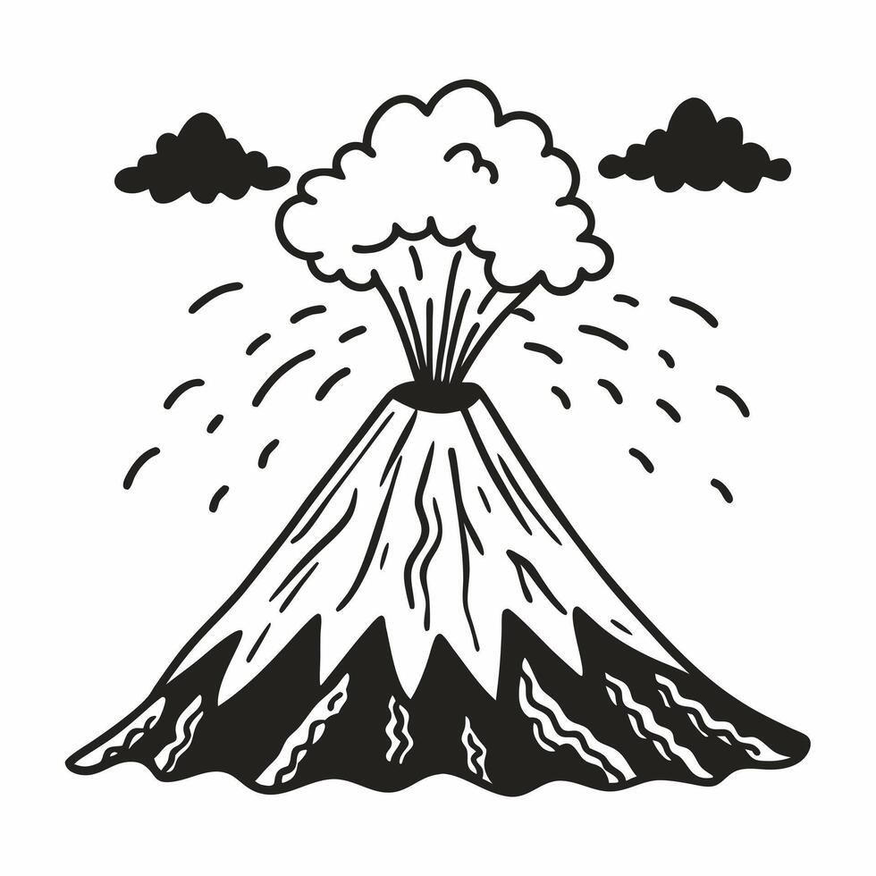 Hand Drawn Erupting Volcano with Ash and Smoke in Monochrome vector