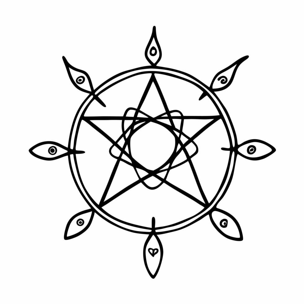 Mystical Pentagram with Eye Motifs Black and White Illustration vector