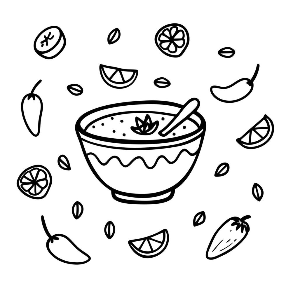 Chili Pepper Salsa Bowl with Citrus and Spices Black and White Illustration vector