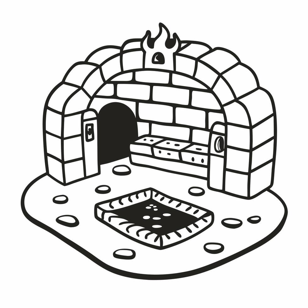 Hand Drawn Pizza Oven Illustration with Brick Structure and Fire vector