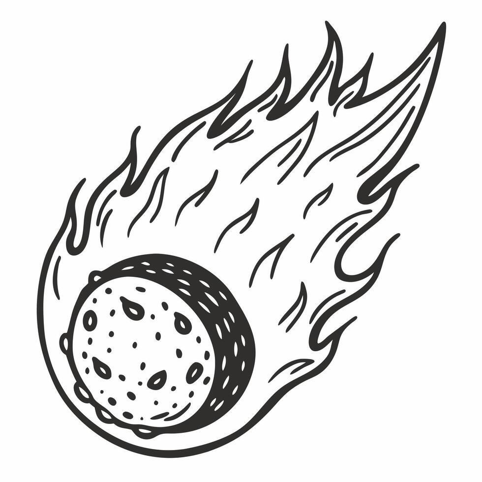 Hand Drawn Fiery Meteor Illustration in Black and White Style vector