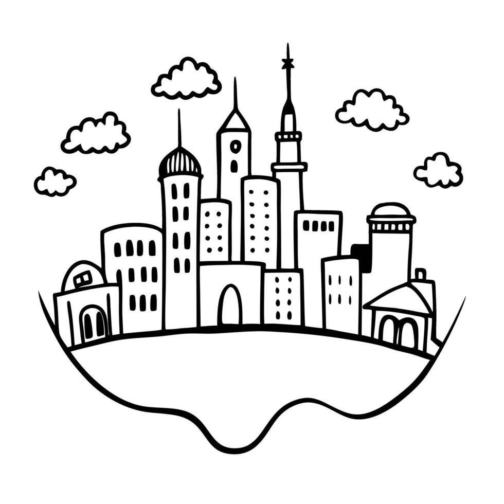 Black and White Hand Drawn Cityscape with Skyscrapers and Clouds vector