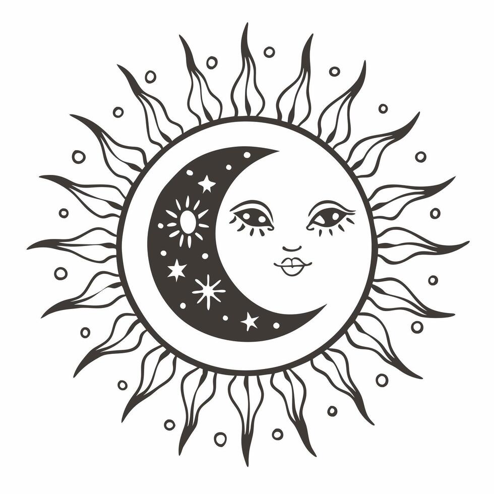 Mystical Sun and Moon Face with Stars in Cosmic Illustration vector