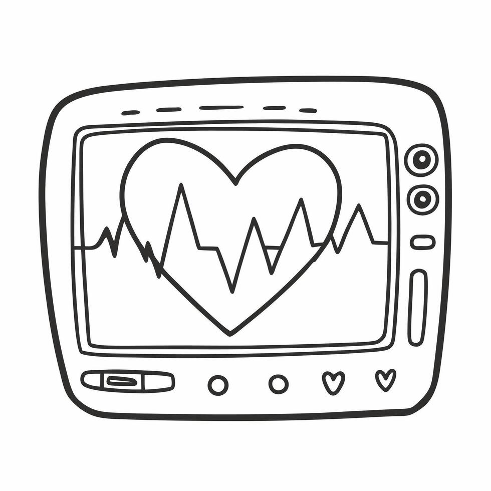 Hand Drawn Heartbeat Monitor with Heartbeat Line in Black and White vector